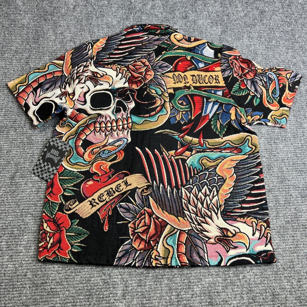 Rebel Vengeance Mens Tapestry Tattoo Print Button Down Shirt Skull Eagle Black M - Picture 2 of 7